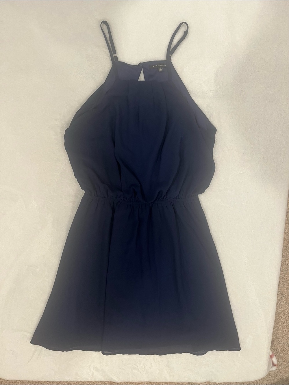 Staccato Navy Halter Mini Dress with Pleated Waist - Medium